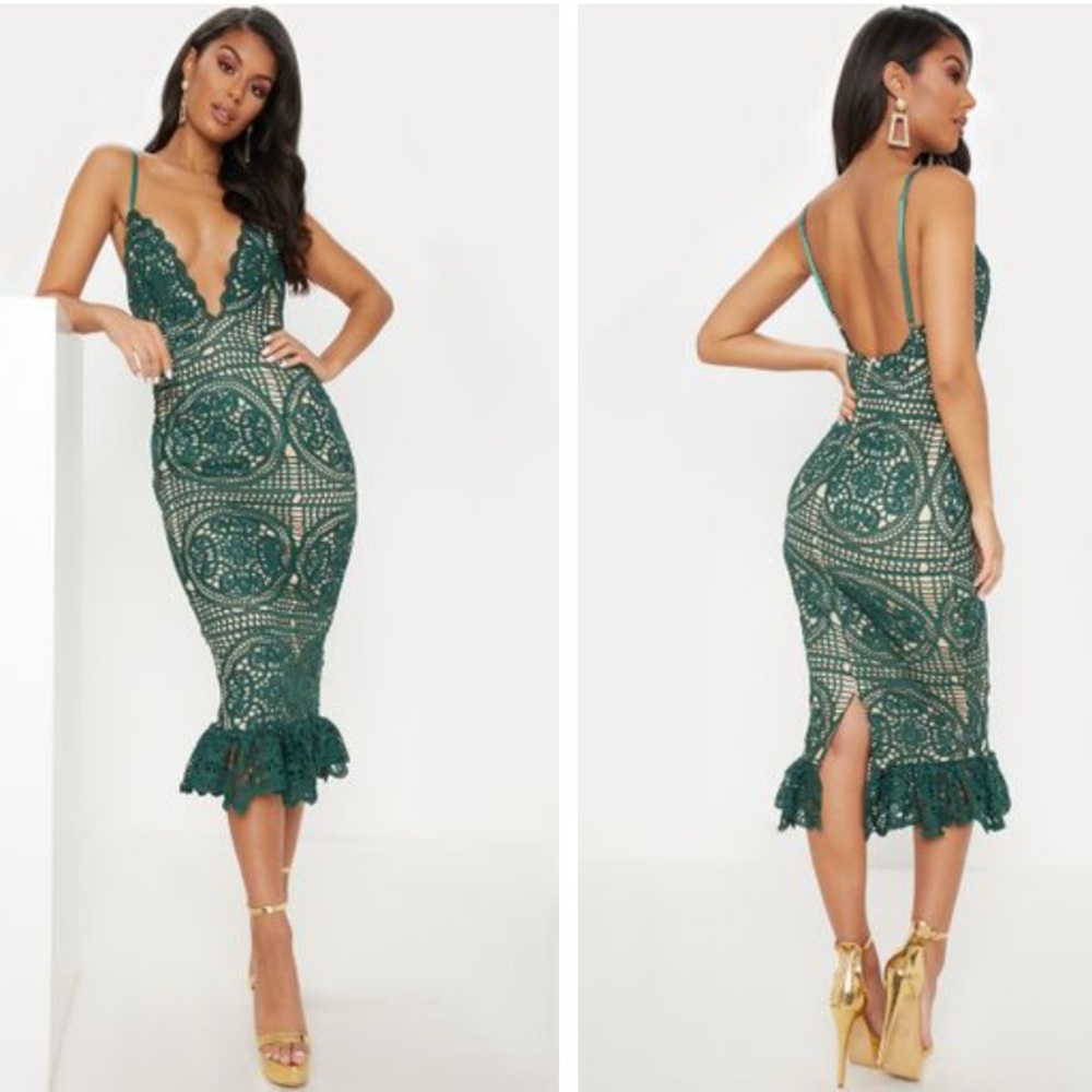 Emerald Green Strappy Lace Midi Dress